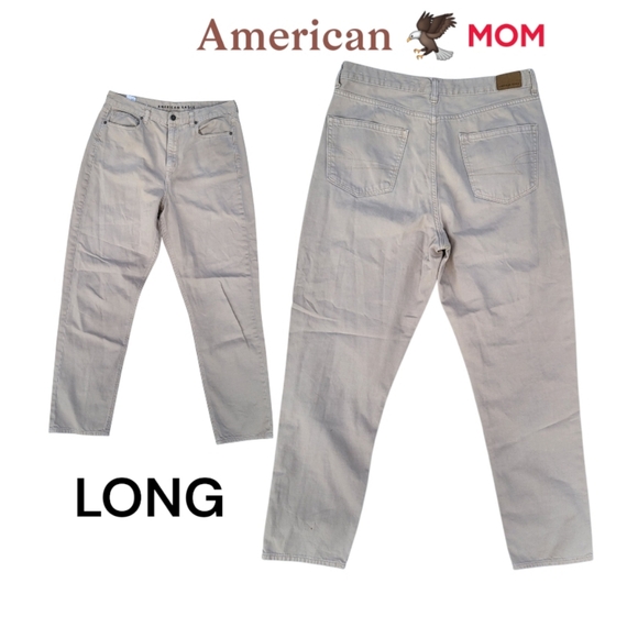 LONG MOM American Eagle Denim Straight Leg Tan Khaki Pant 12L Women 12 Tall L - Picture 1 of 11